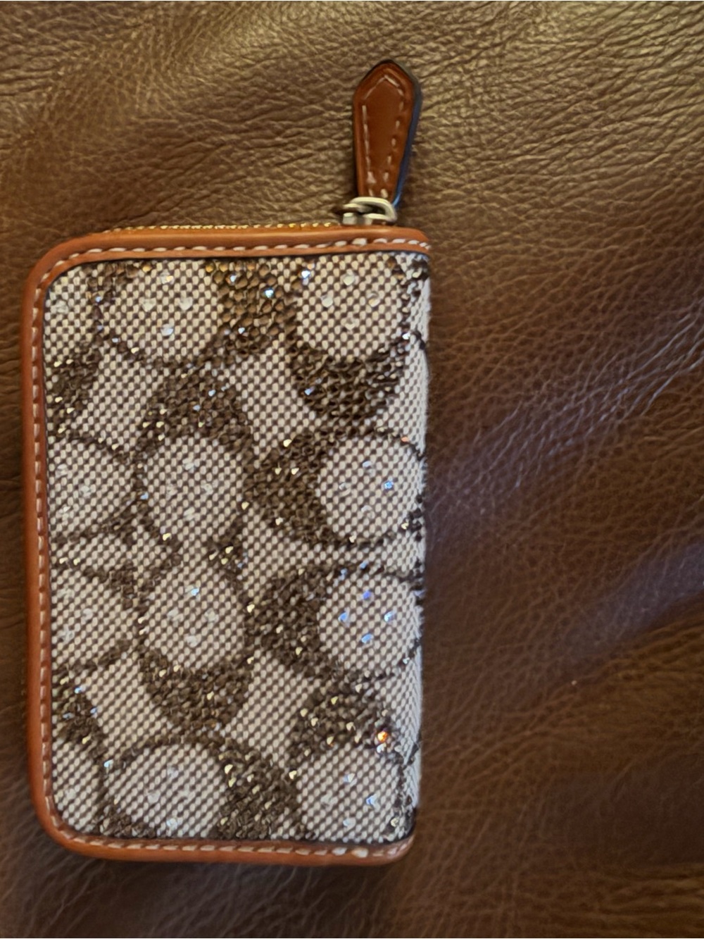 Coach Signature Canvas Card Case Wallet in Brown and Tan with Crystal Accents